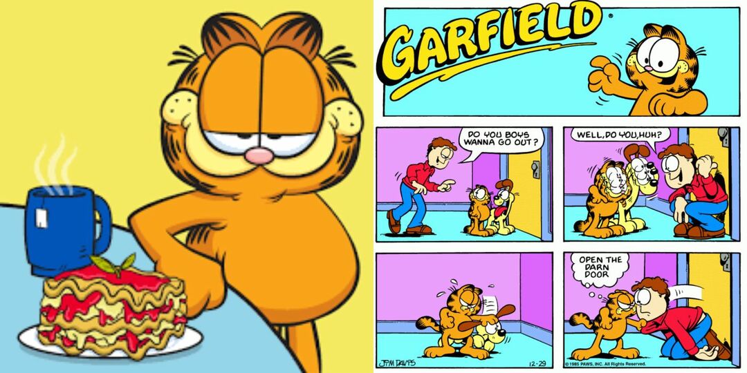 Katės Garfildo vaizdas su maistu šalia jo komikso. 