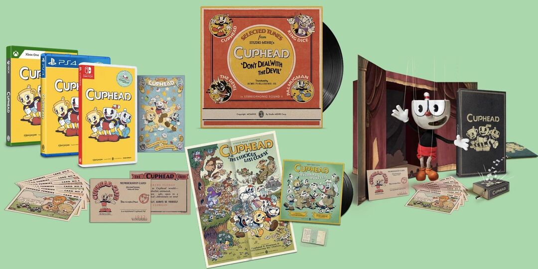 Cuphead Physical издания от iam8bit, показващи както стандартното, така и колекционерското издание и двата винила.