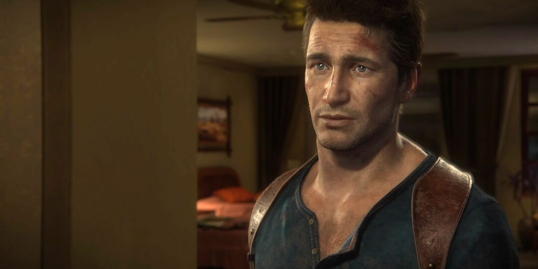 Nate olhando triste e com os olhos marejados em Uncharted 4 