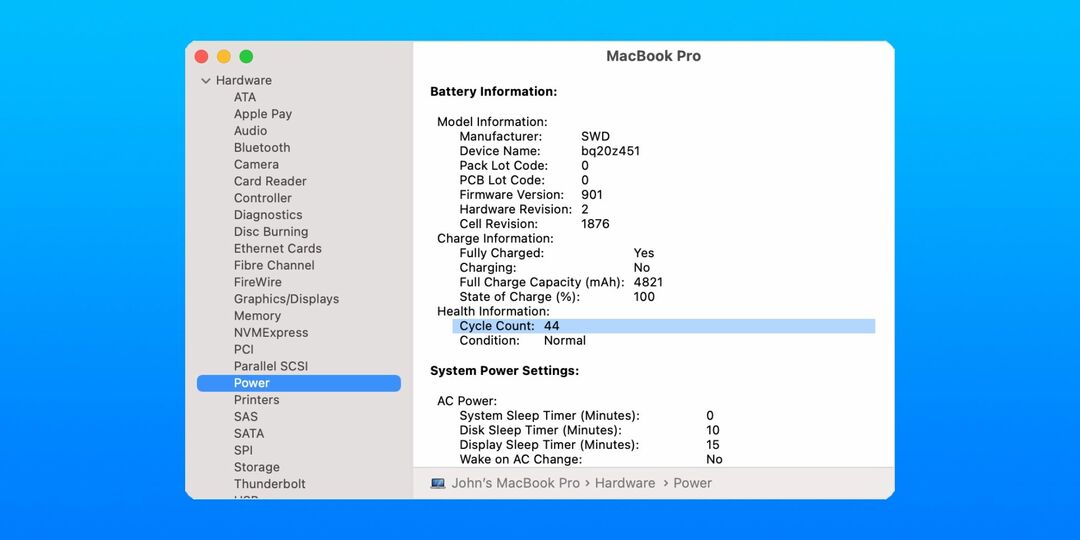 ตัววัดจำนวนรอบของ MacBook ในรายงานระบบ