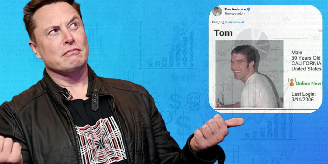 Izrez Elona Muska na modrem ozadju z bledimi izračuni, poleg tvita Myspace Tom