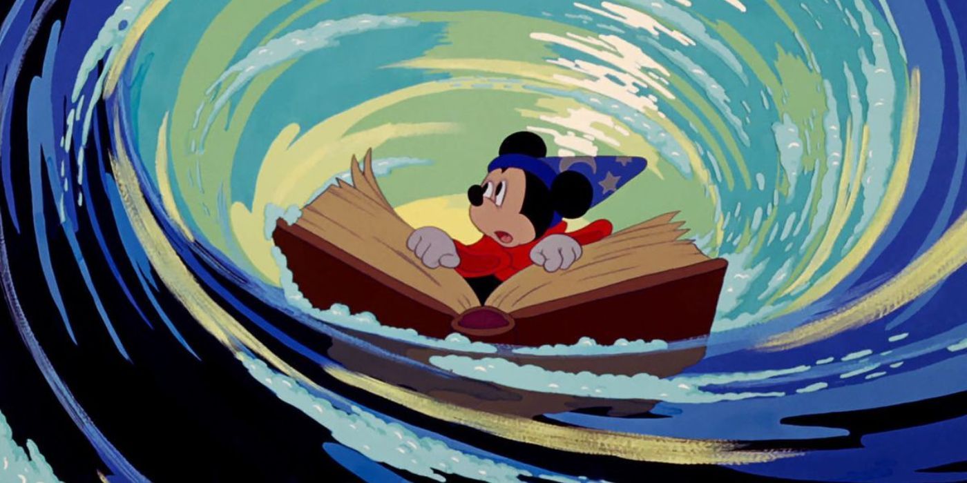 Mickey Mouse schwimmt auf einem Buch im Wasser