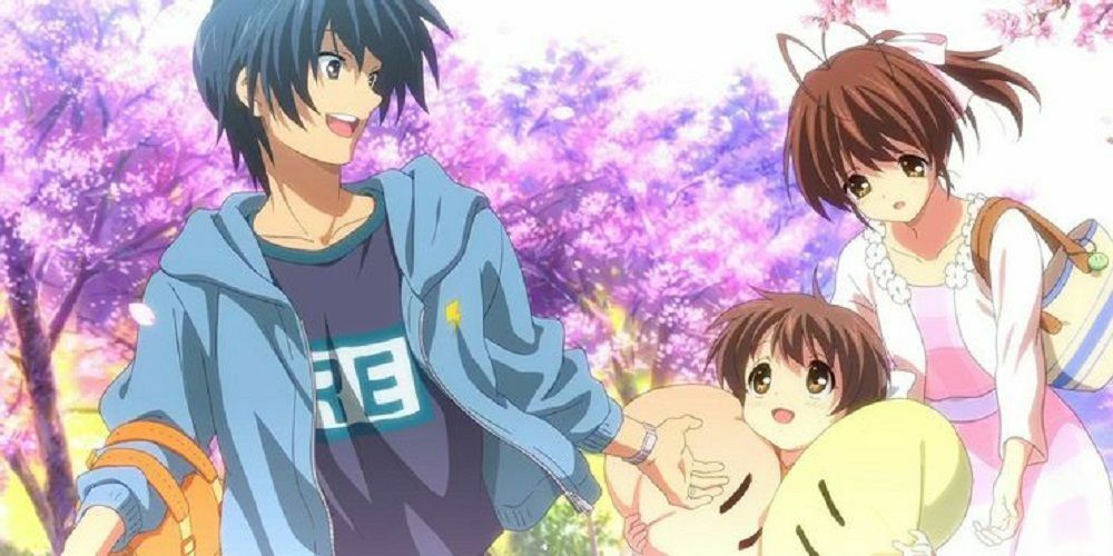 Tomoyo Okazaki, Nagisa Furukawa en Kotomi Ichinose als een gelukkig gezin in Clannad After Story