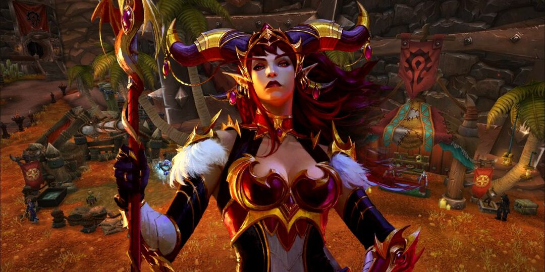 لقطة من Horde Trading Post في World of Warcraft: Dragonflight مع عمل فني لشخصية WoW تحمل طاقمًا تم لصقها في المنتصف.