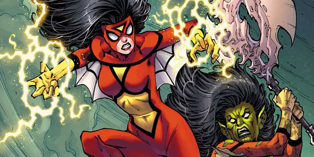 Spider-Woman slåss mot Skrull-drottningen i Secret Invasion.