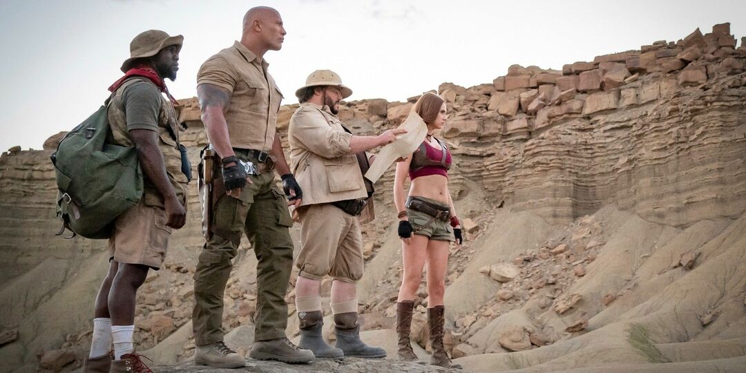 Kevin Hart, Dwayne Johnson, Jack Black a Karen Gillan vo filme Jumanji The Next Level