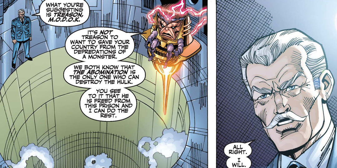 MODOK meyakinkan Thunderbolt Ross untuk menjadi Red Hulk.