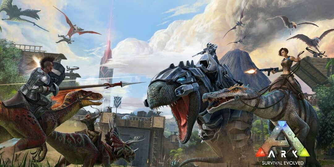 الفن الترويجي لـ Ark: Survival Evolved يضم شخصيات في حالة حرب وركوب ديناصوراتهم المروضة.