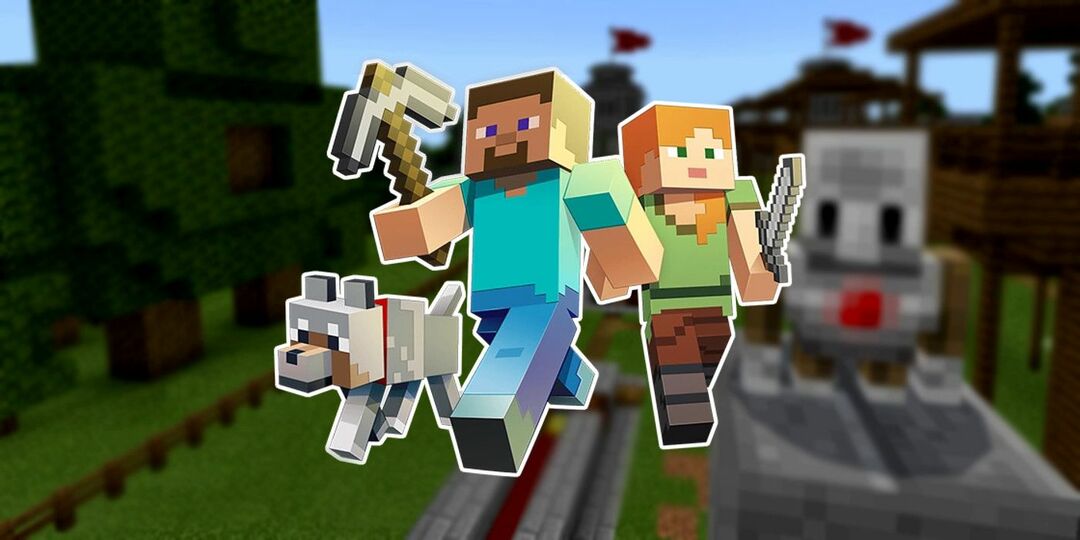 شخصيات Minecraft ستيف وأليكس وذئب أمام خلفية ضبابية لماين كرافت: الإصدار التعليمي