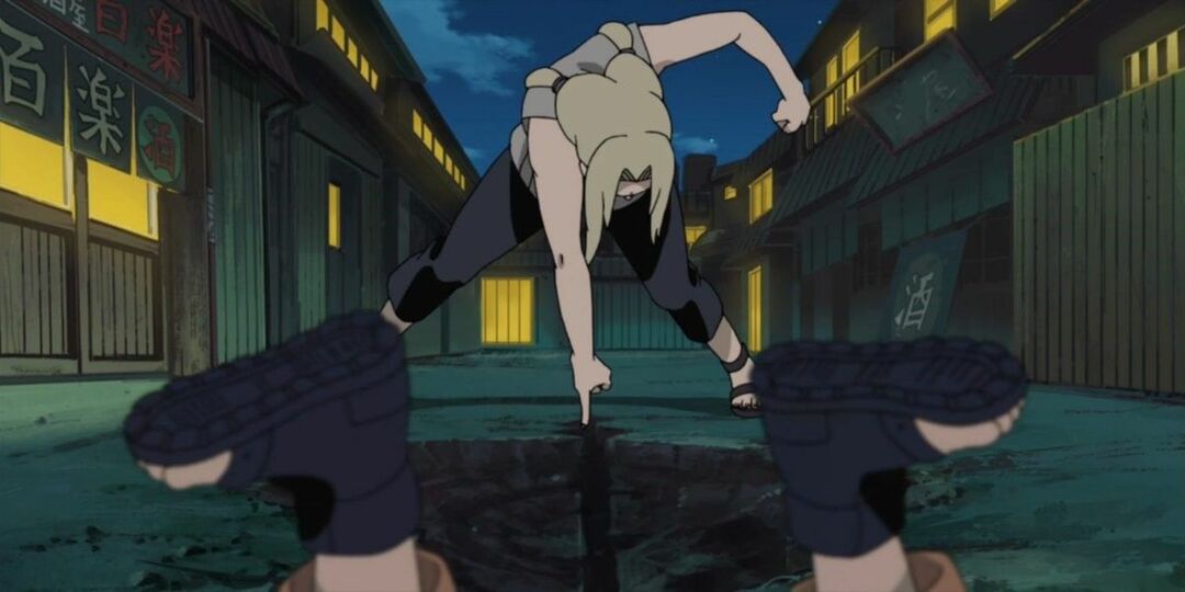 Tsunade gebruikt één vinger om de aarde te kraken in Naruto Shippuden