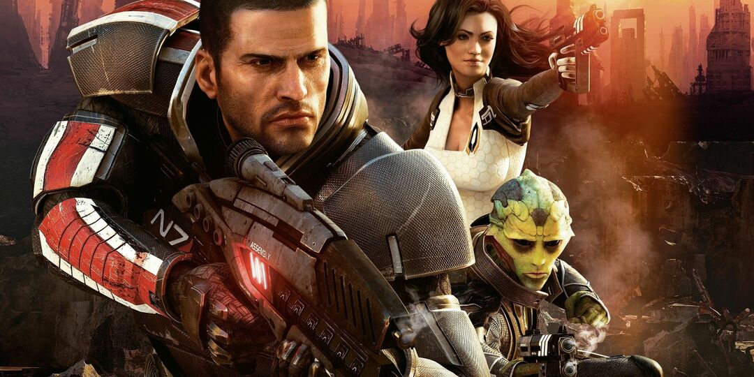 Komandan Shepard, Miranda Lawson, dan Thane Krios memegang senjata api di poster Mass Effect 2