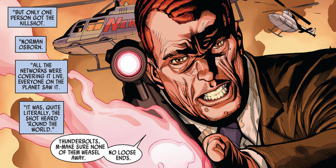 Norman Osborn atira na Rainha Skrull em Secret Invasion.