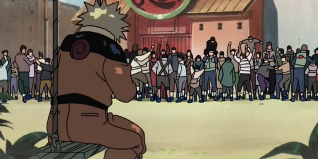Naruto se senta sozinho no balanço No anime Naruto