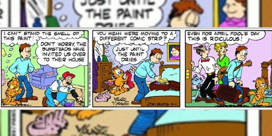 Garfieldo ir Blondie, susikertančių komiksuose, vaizdas.