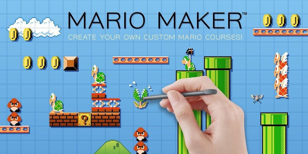 Seni kunci Super Mario Maker menunjukkan tangan dengan stylus memindahkan tanaman.