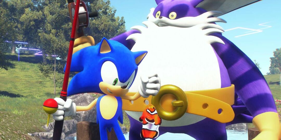 Sonic the Hedgehog ve Big the Cat'in Sonic Frontiers'ta görüldüğü şekliyle görüntüsü. Sonic bir olta tutuyor ve az önce bir palyaço balığı yakaladı, Big ise hemen arkasında duruyor.