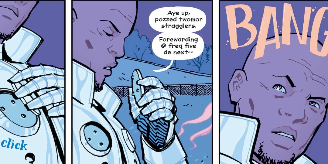 ペーパー ガールズのコミックで、オールド タイマーがコミュニケーターに話しかけます。