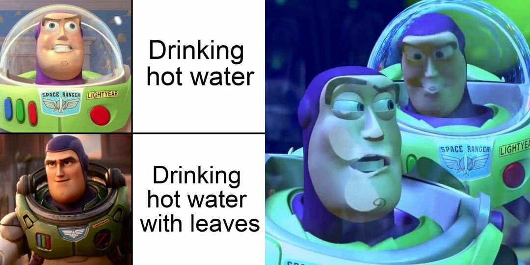 Een gespleten afbeelding van een meme van Buzz Lightyear van Lightyear en Toy Story