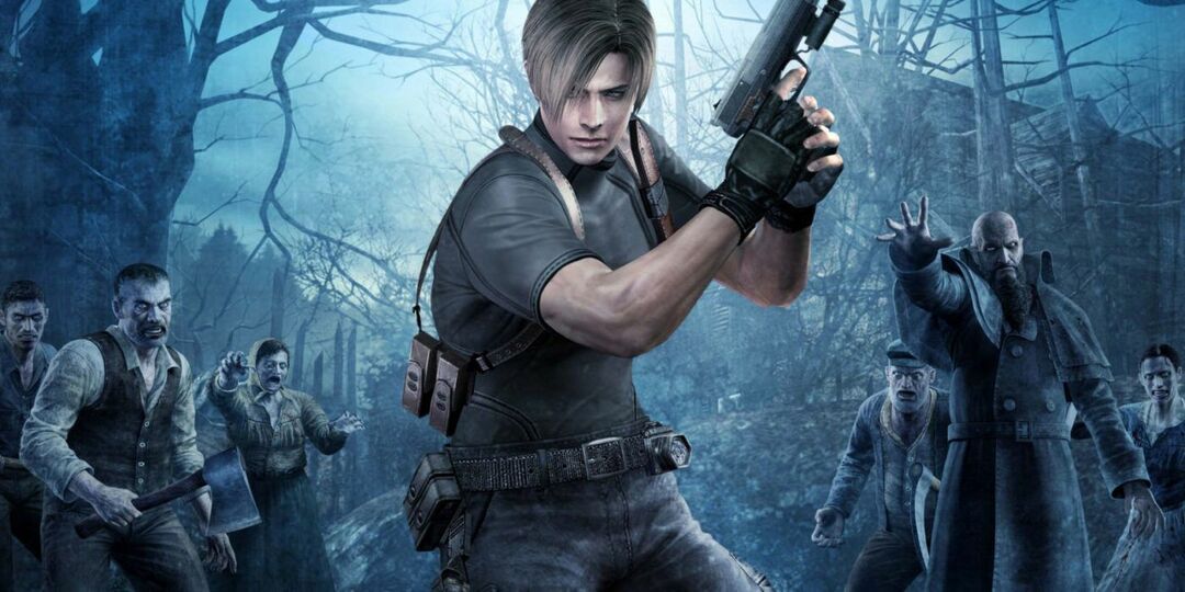Leon S. Kennedy memegang pistol sementara zombie menguntitnya di Resident Evil 4.