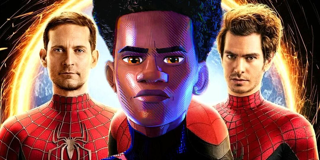 Miles Morales Spider-värsis koos Tobey Maguire'i ja Andrew Garfieldiga