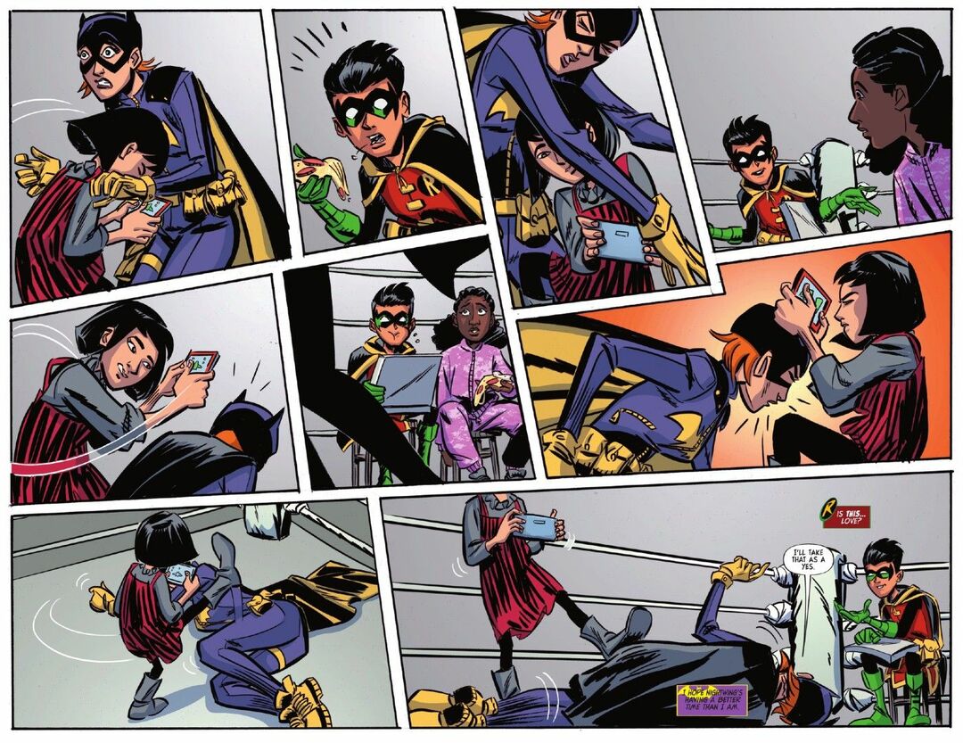 A órfã Cassandra Cain espanca Barbara Gordon Batgirl na frente de Damian Wayne Robin