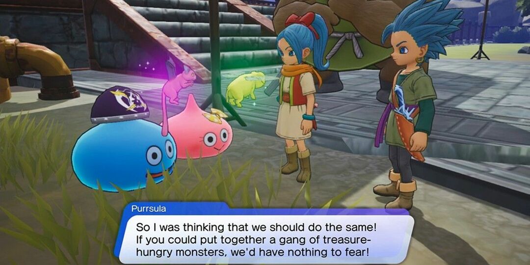 Erik und Mia mit Slimes in Dragon Quest Treasures.