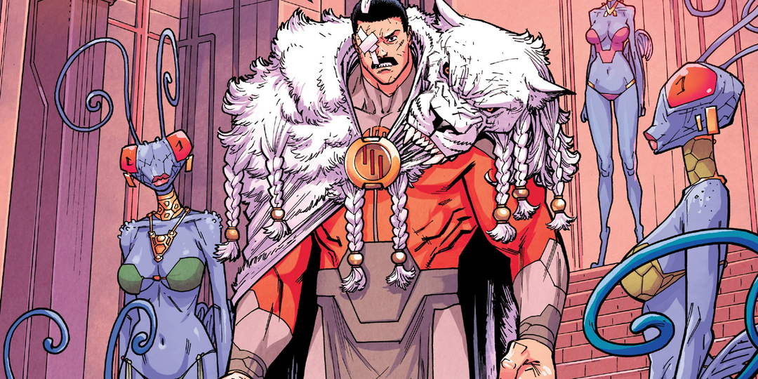 Thragg stojący na schodach w komiksach Invincible.