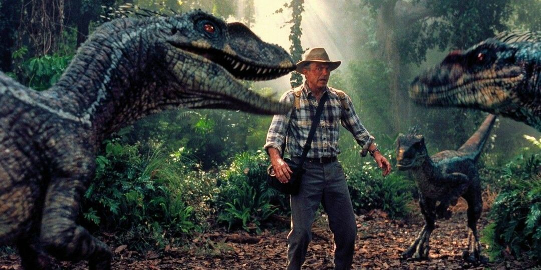 Dr. Alan Grant cercado pelo Raptor Pack em Jurassic Park III